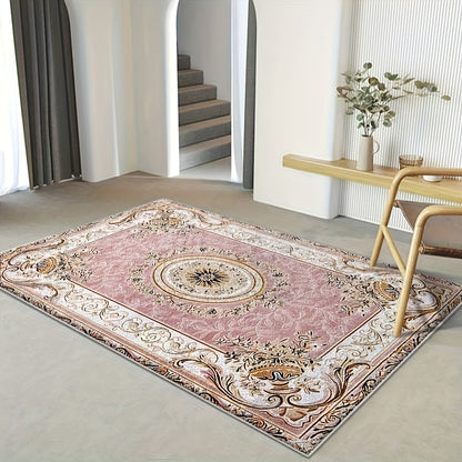 Luxury Velvet Area Rug 852 GSM Machine Washable Low-Pile Floral Checkered Non-Slip Polyester Carpet for Bedroom Living Room Dining Room Office Vintage Elegant Home Decor