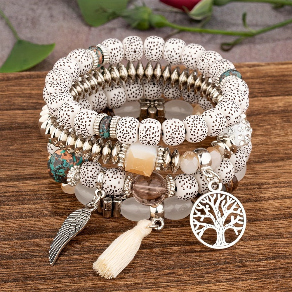 Bohemian Beaded Bracelet Set 24pcs – Multi-Layer Wooden Bead Elastic Bracelets with Butterfly Elephant Tree Pendant, Handmade Colorful Tassel Wristbands for Women Men, Party Gift & Daily Wear