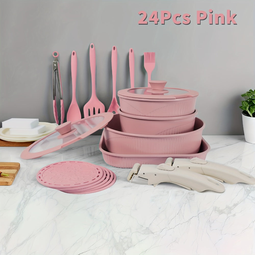 Nonstick Cookware Set 5/7/24 Piece Induction Ready with Detachable Handles – Stackable Pots & Pans Set Includes Skillet Frying Pan Soup Pot Steak Pan for Home RV Kitchen, Multiple Colors