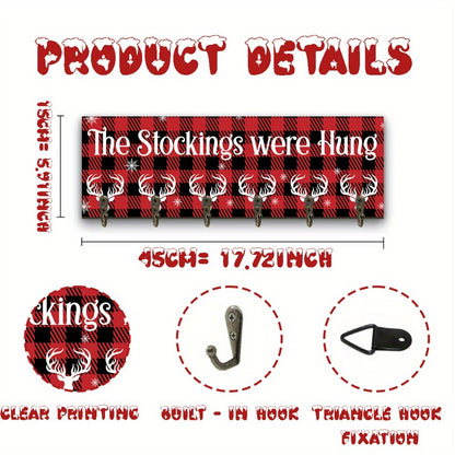 Christmas Stocking Holder with 6 Hooks – Wooden Sign Wall Rack with Snowflake Design & "The Stockings Were Hung" Quote, Santa Claus Mantel Hanger for Holiday Fireplace Decor