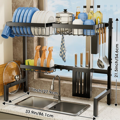 Over-the-Sink Dish Drying Rack Expandable 2-Tier 304 Stainless Steel Adjustable 30-34 Inch with Utensil Holder Knife Holder Cutting Board Holder and 5 Hooks for Kitchen