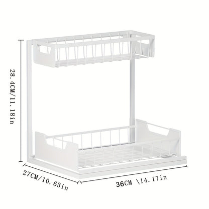 Under Sink Organizer 2-Tier Sliding Pull-Out Metal Rack Cabinet Storage for Kitchen Bathroom Refrigerator Adjustable Shelf Organizer in Black White Gray