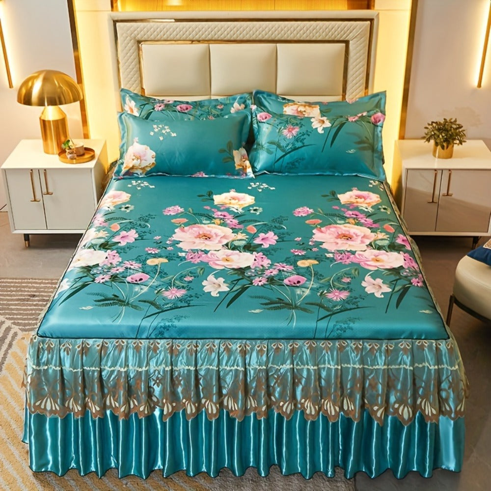 Floral Ruffle Bed Skirt Cool Mat 3 Piece Set with Pillowcase, Double Layer 360° Full Wrap Washable Cooling Mattress Cover, Breathable Summer Bedding Set for Twin Full Queen King, Parisian Romantic Floral