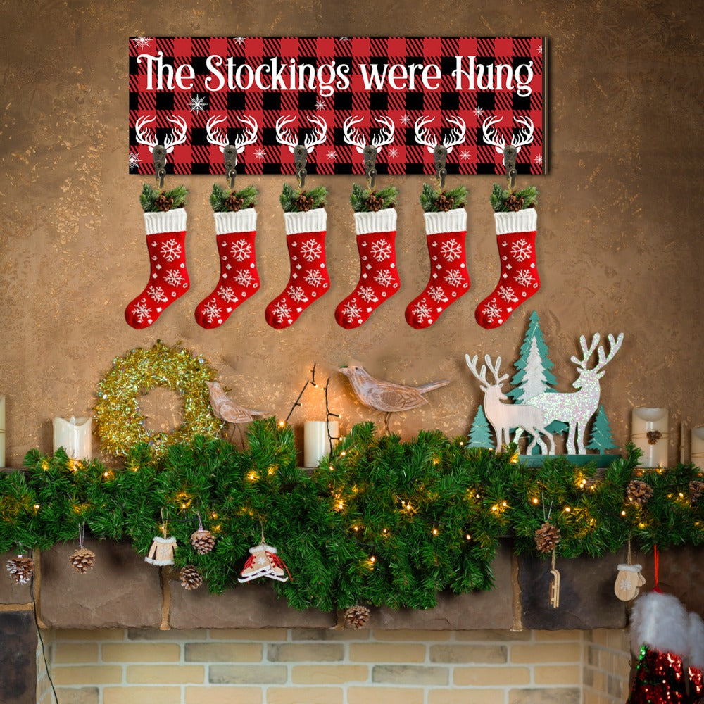 Christmas Stocking Holder with 6 Hooks – Wooden Sign Wall Rack with Snowflake Design & "The Stockings Were Hung" Quote, Santa Claus Mantel Hanger for Holiday Fireplace Decor