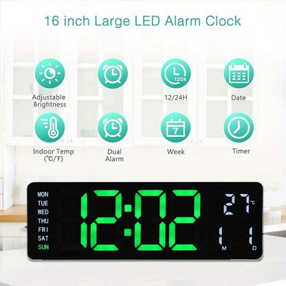 Large Digital Wall Clock 16 Inch LED Color Display, Smart Auto-Dimming 10-Level Brightness, Time Temperature Humidity Monitor, Dual Alarm with Snooze, USB Powered with Remote Control for Living Room Office Bedroom