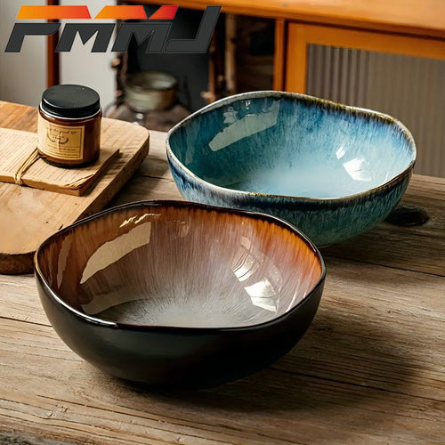 Irregular Deep Dish Ceramic Plate | Artisan Handcrafted Salad Soup Bowl Dish | Unique Edge Design | Dishwasher Safe Tableware for Family Dining