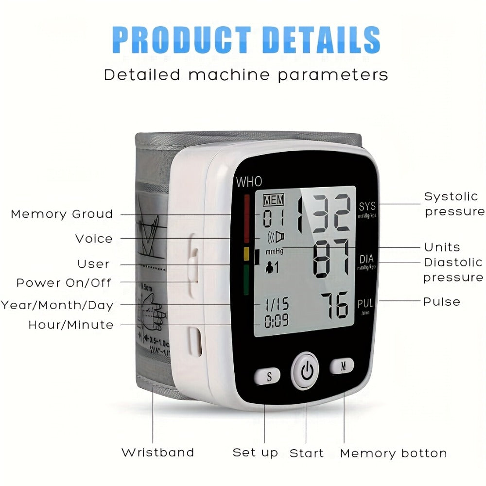 Wrist Blood Pressure Monitor - Digital BP Monitor Rechargeable with 2×99 Memory, Large LCD Display, Voice Broadcast & Portable Case for Home & Travel Use (Black / White / BP188W)