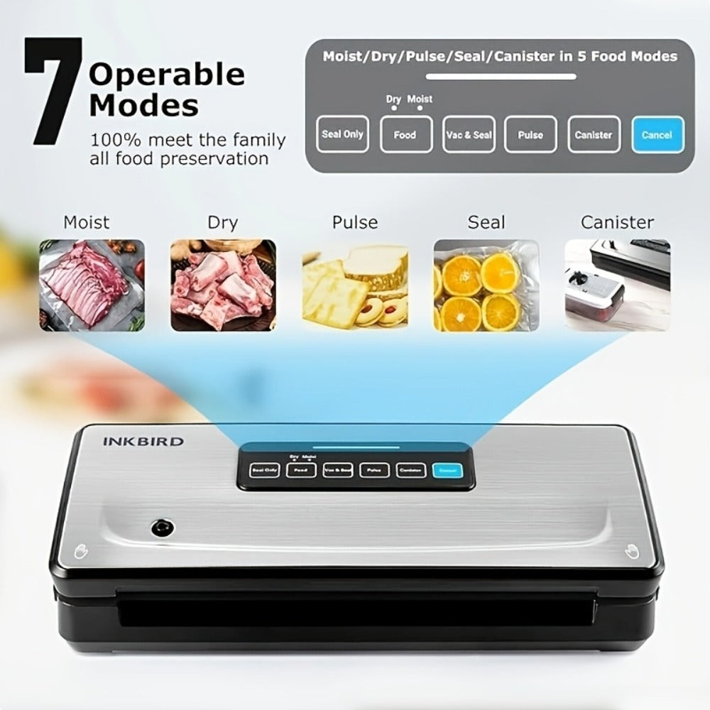 Vacuum Sealer Machine 85KPA – INKBIRD 10-in-1 Food Sealer with Bag Storage, Built-In Cutter, Moist/Dry/Pulse/Liquid/Canister Modes, 200 Continuous Seals, Compact Design for Food Preservation & Sous Vide