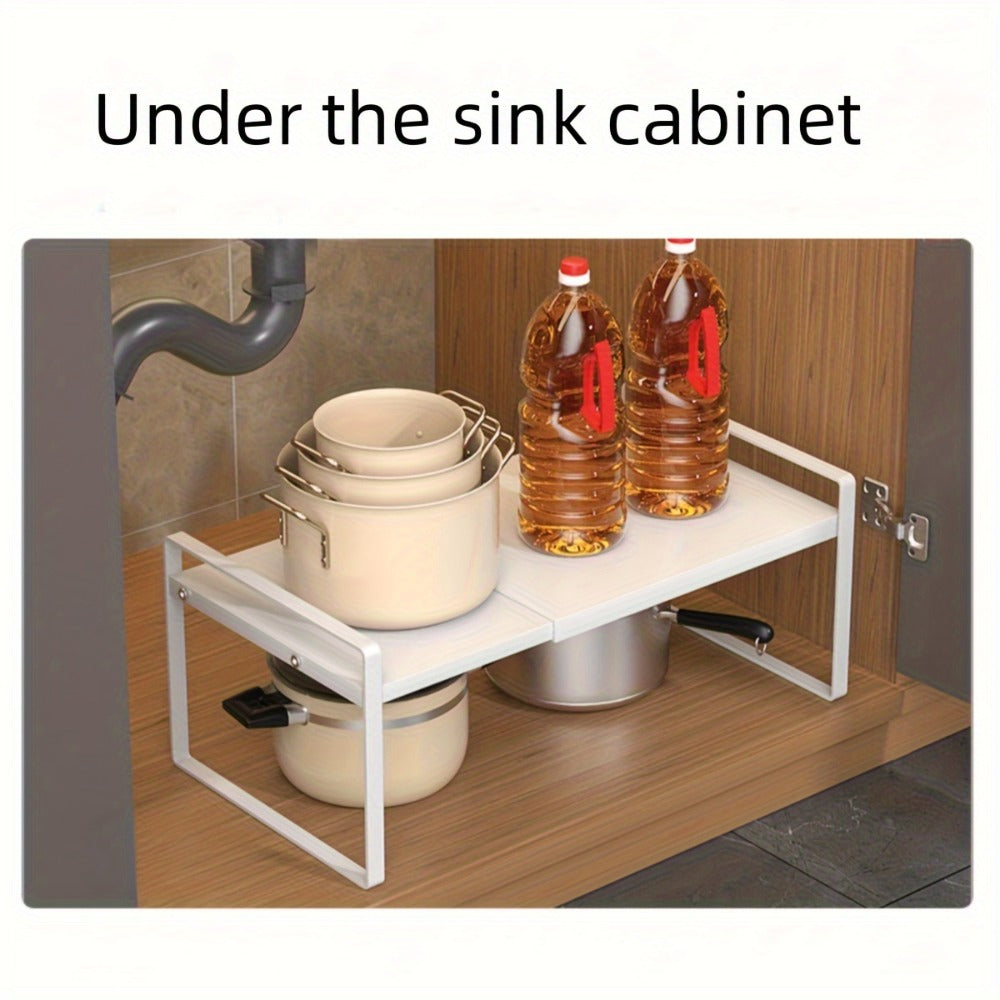 Expandable Cabinet Shelf Organizer Riser – Height Adjustable Retractable Rack with Suction Cup Base for Kitchen Pantry Cupboard Under Sink Countertop, Heavy Duty Metal Space Saver, Stackable Storage