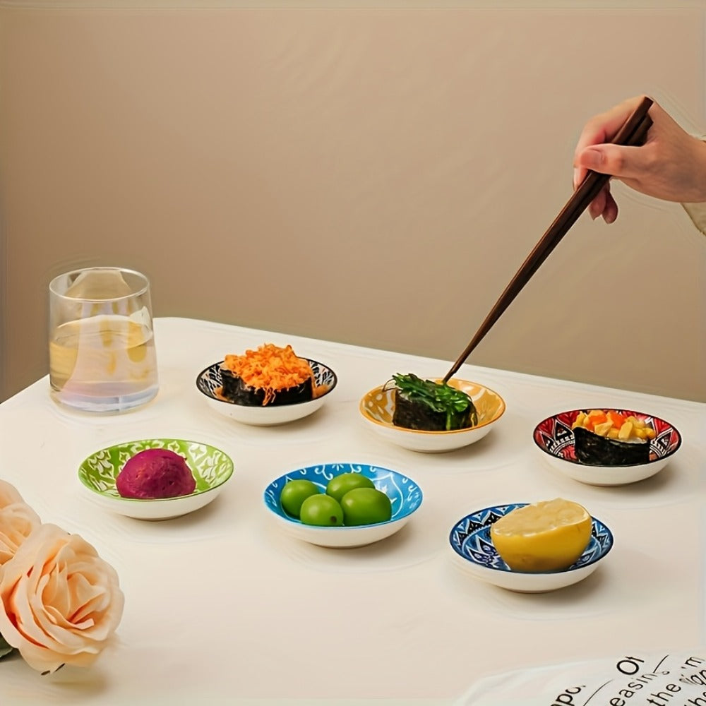 Ceramic Condiment Dish Set of 10 – Bohemian Small Saucer Dipping Bowls for Soy Sauce, Vinegar & Spices | Kitchen, Restaurant, Party, BBQ & Picnic Use | Machine Washable