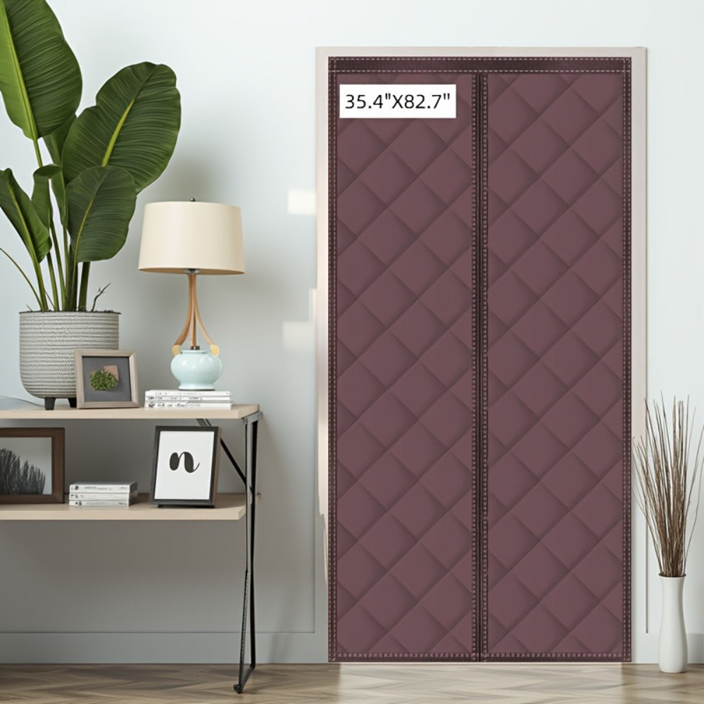 Thermal Insulated Door Curtain Magnetic Closure Knit Plaid Pattern – Windproof Insulation Blanket for Front Door, Sliding Glass, Patio & French Doors, Keep Cold Out, Grey & Brown, Multiple Sizes