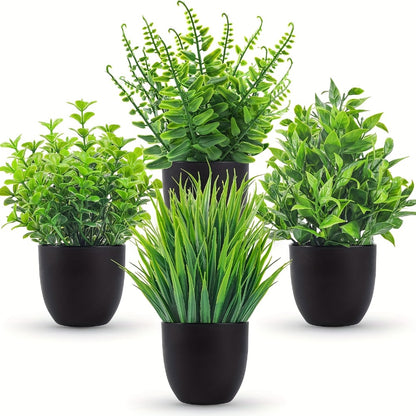 Artificial Plants 4 Pack Small Fake Plants in Black Pots for Bathroom Home Office Desktop Indoor Decor - Mini Faux Greenery Set for Shelf Table Desk