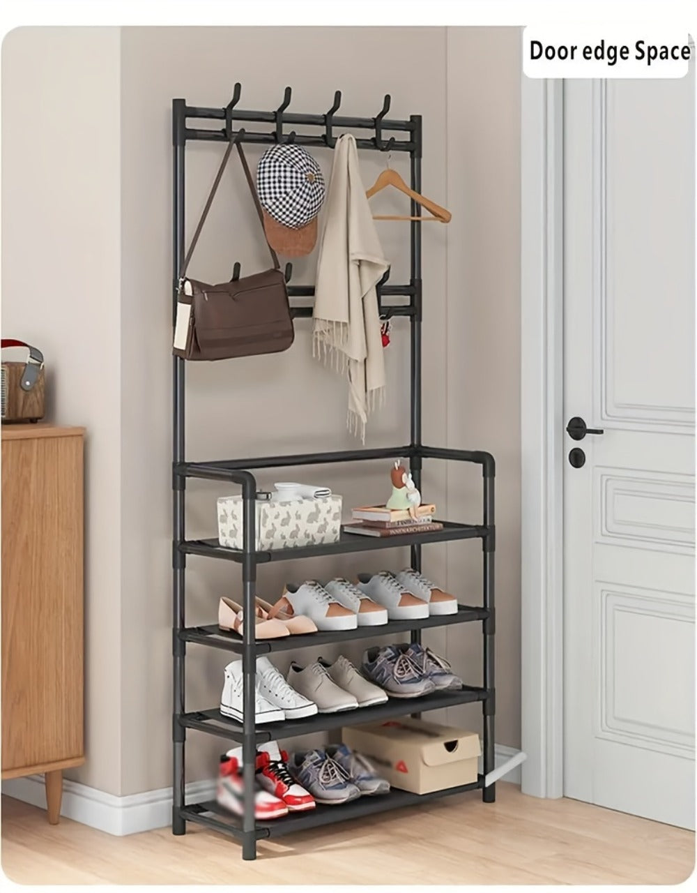 Shoe Rack Organizer with 8 Double Hooks & Multi-Layer Storage Shelves – Floor Standing Coat Hat Holder for Entryway Bedroom Living Room