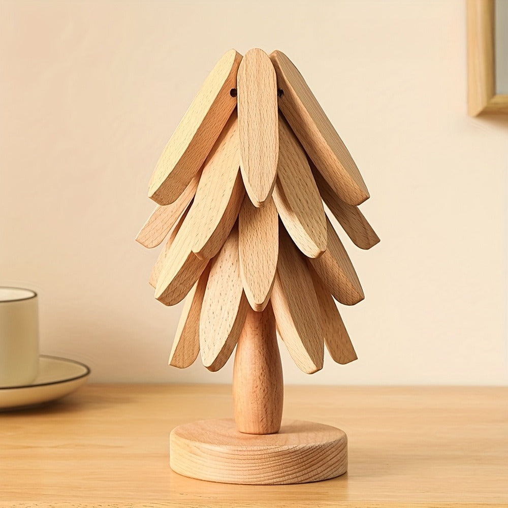Solid Wood Trivet Mat Set 6pcs with Storage Rack – Heat-Resistant Tree-Shaped Coasters, Natural Foldable Wooden Kitchen Trivets for Hot Dishes, Pots, Bowls & Teapots