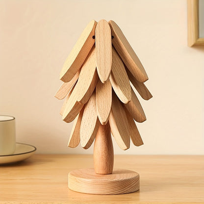 Solid Wood Trivet Mat Set 6pcs with Storage Rack – Heat-Resistant Tree-Shaped Coasters, Natural Foldable Wooden Kitchen Trivets for Hot Dishes, Pots, Bowls & Teapots