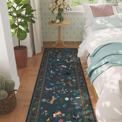 Boho Cat Floral Area Rug – Vintage Blue Animal Print Low Pile Carpet, Non-Slip Soft Rug for Living Room, Bedroom & Dining Room, Round & Runner Sizes, Easy Clean