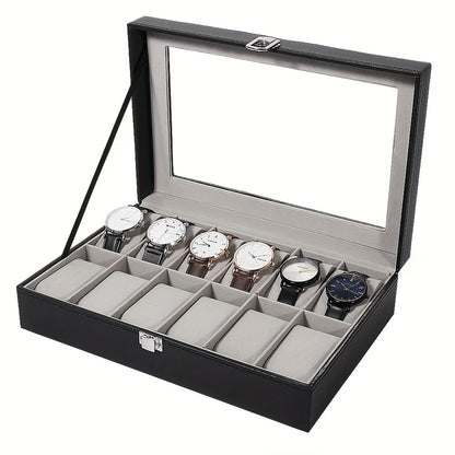 Watch Box Organizer 12 Slot PU Leather, Watch Display Case with Glass Lid Removable Pillow Metal Clasp, Jewelry Box Gift for Him Her Valentine's Day Birthday Christmas