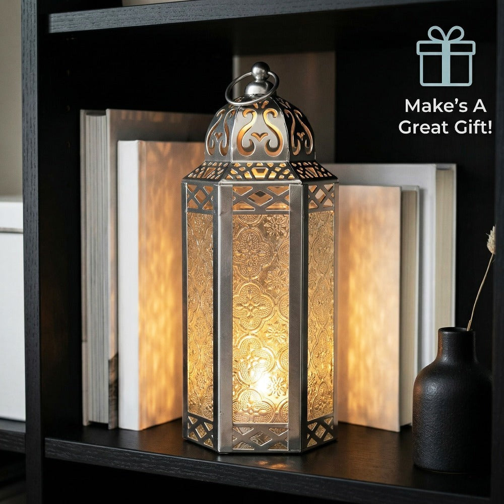 Moroccan Candle Lantern Holder - Decorative Metal & Glass Lantern with Embossed Floral Design for Indoor Home Decor, Garden, Patio, Weddings, Ramadan, Halloween & Holiday Celebrations - 10.5" Tall Medium Size