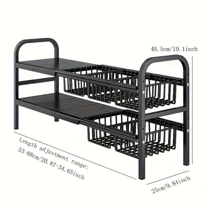 Under Sink Organizer and Storage Expandable 2 Tier Cabinet Shelf Organizer with Detachable Panels and Baskets for Under Kitchen Bathroom Sink, Adjustable Metal Cabinet Storage Rack