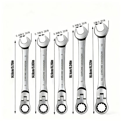 Ratchet Wrench Set 5pcs Flexible Head 6-10mm Metric Chrome Vanadium Steel 72-Tooth Combination Wrench Open Closed End for Automotive Bicycle Home Repair Mechanic Hand Tool Kit Silver