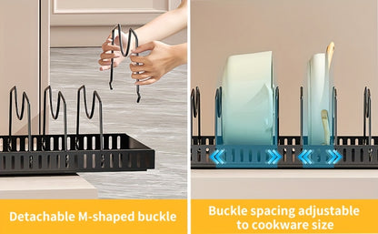 Pull Out Pot and Pan Organizer for Cabinet - Sliding Lid Rack with 8 Adjustable Dividers for Kitchen Cabinet Storage, Drill-Free Installation Pan Holder for Lids Baking Sheets and Cookware, Available in 1 or 2 Pack in Black or White