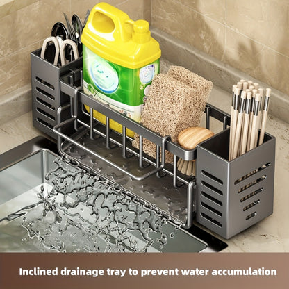 Kitchen Sink Organizer Sponge Holder with Self-Draining Tray Removable Rag Rod Carbon Steel Countertop Storage Rack for Sponges Brushes Soap Bathroom