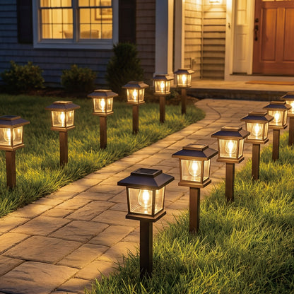 Solar Pathway Lights Outdoor Edison Style LED – Up to 12 Hours Auto On/Off IP44 Waterproof | Warm White Solar Garden Lights for Yard, Driveway & Walkway | Black & Brown Upgraded Stake Lights