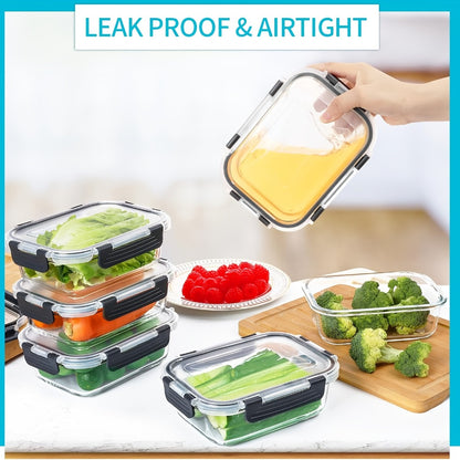 Glass Food Storage Containers with Lids 12pcs – Airtight Leak-Proof Meal Prep Bento Boxes Microwave Oven Freezer Dishwasher Safe