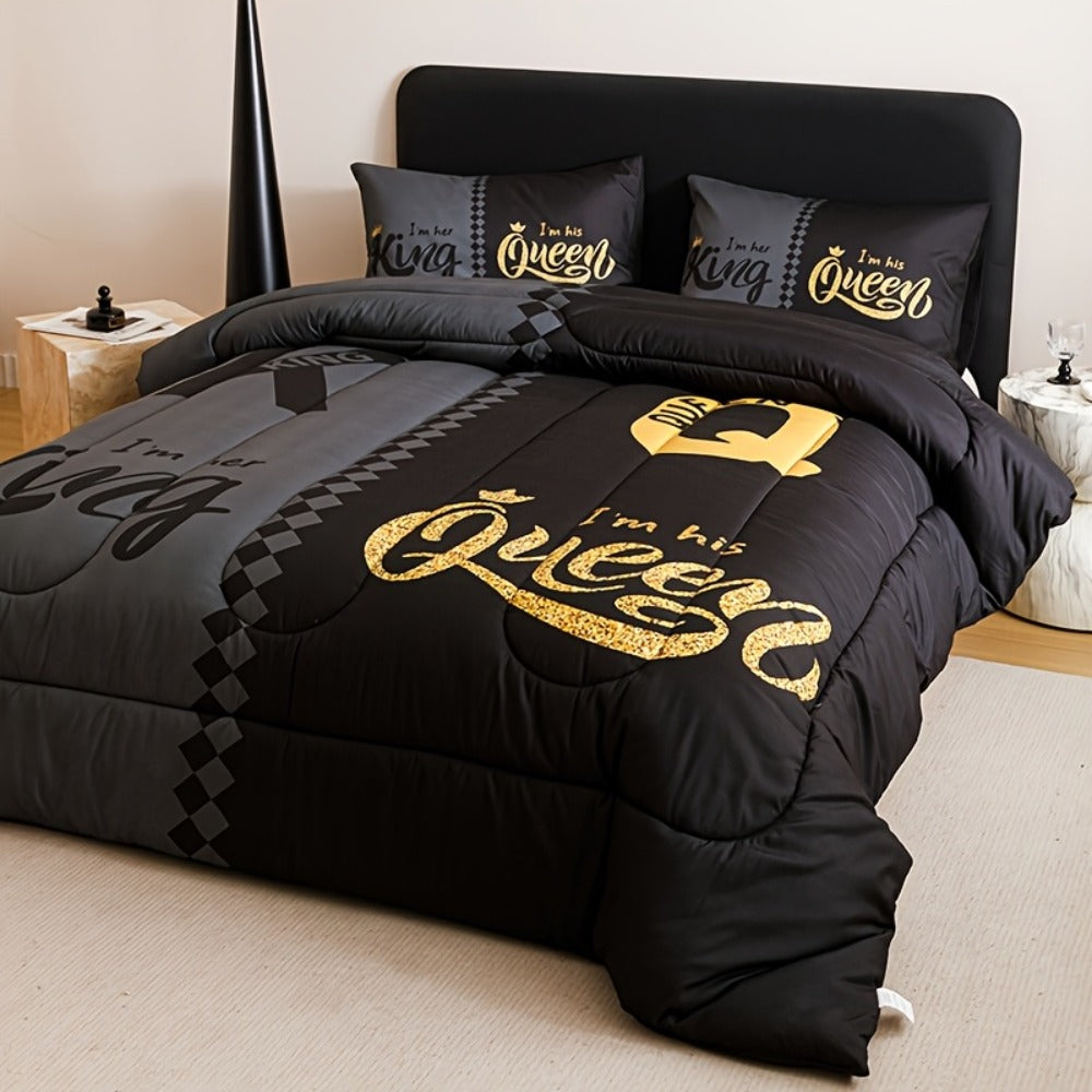 Comforter Set 3-Piece – Soft Breathable Quilt with 2 Pillowcases, Black Grey Color Block Crown Letter Print, Twin Full Queen King, 180GSM Bedroom Bedding Set