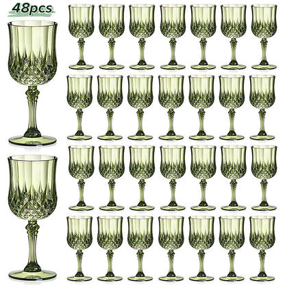 Plastic Champagne Glasses 48 Pack – 7oz Stemmed Crystal Clear Reusable Cups for Wedding, Party, Bridal Shower, Christmas, Halloween, Stackable Shockproof Vintage Stem Glasses, Transparent Green Blue