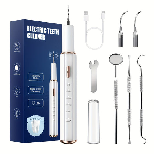 Interdental Plaque Remover with LED Light – Electric Teeth Cleaner, 5 Cleaning Modes, 2 Replacement Heads, Oral Irrigator-Like Function, No Water Required, Dental Care for Travel & Home Use