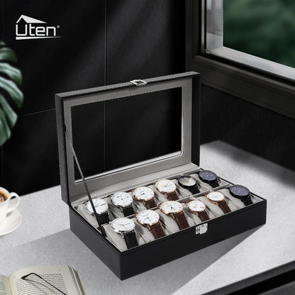 Watch Box Organizer 12 Slot PU Leather, Watch Display Case with Glass Lid Removable Pillow Metal Clasp, Jewelry Box Gift for Him Her Valentine's Day Birthday Christmas