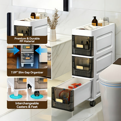 Slim Storage Cabinet with Drawers & Wheels - Waterproof PP Bathroom Kitchen Organizer, 3-5 Layer Tower Unit for Small Spaces
