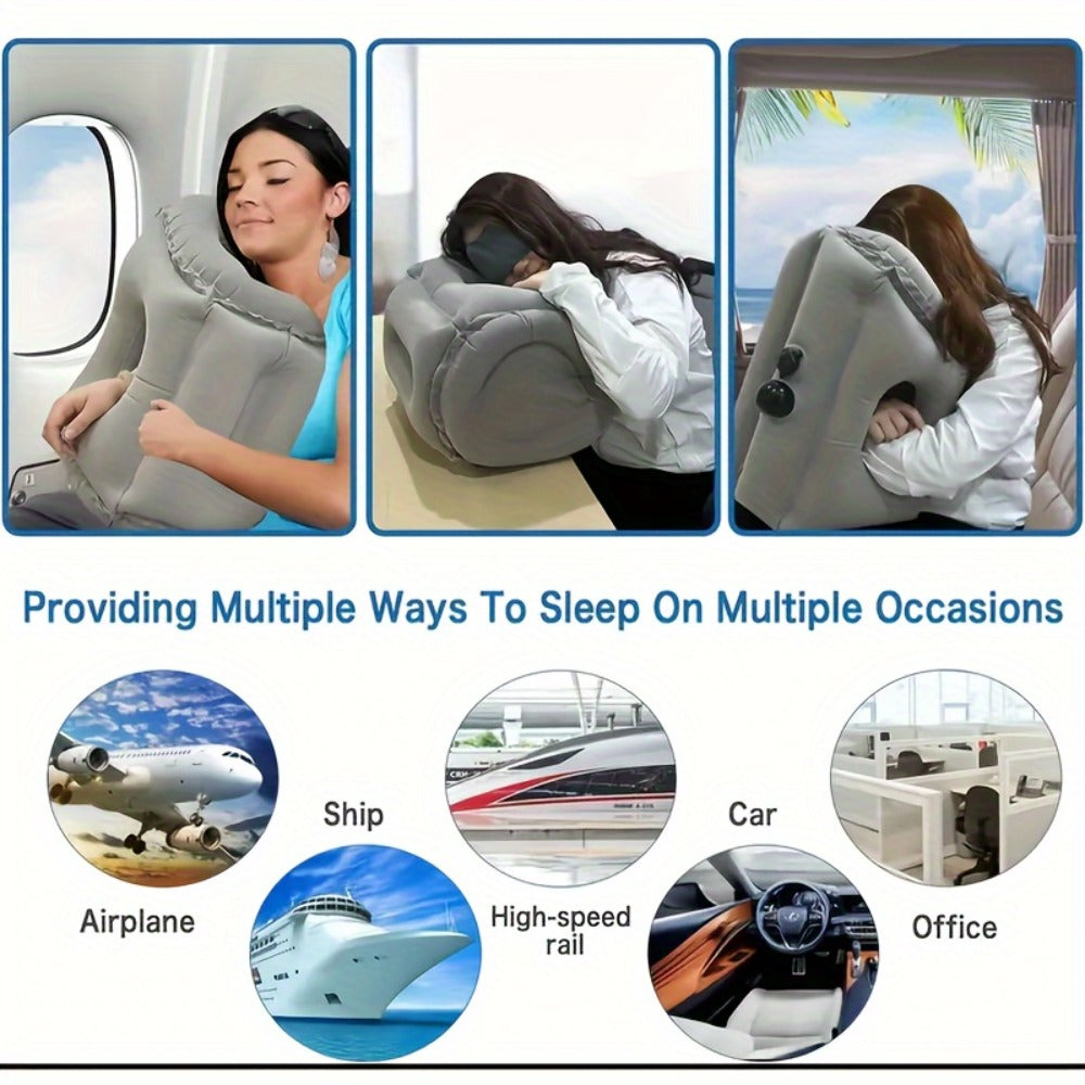 Inflatable Travel Pillow with Carrying Case – Ergonomic Neck & Head Support for Airplane, Car, Train, Office Nap & Camping, Compact Lightweight Flocking Fabric Pillow