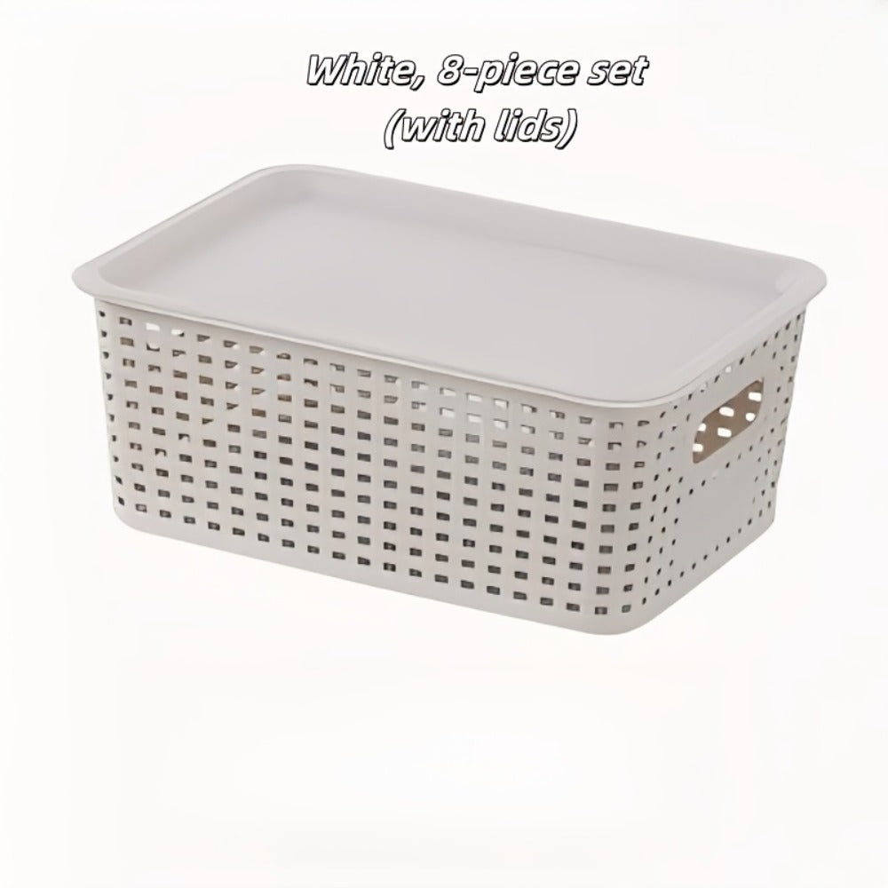 Storage Basket Set with Lids 8pcs – Plastic Desktop Organizer Bins for Document Storage, Shelf Organization & Home Office – Flip-Top Lid Baskets, White