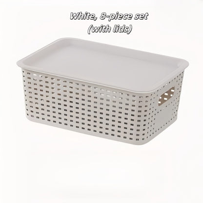 Storage Basket Set with Lids 8pcs – Plastic Desktop Organizer Bins for Document Storage, Shelf Organization & Home Office – Flip-Top Lid Baskets, White