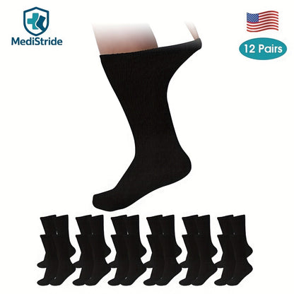 Cotton Diabetic Crew Socks 12 Pairs Non-Binding Neuropathy Loose Fit Seamless Cushioned Full Length for Men Women Edema Sensitive Feet White Black Brown Khaki Navy Grey
