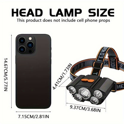 LED Headlamp 4pcs Set - Rechargeable Outdoor Headlamps with 4-Speed Dimming Adjustable Angle IP44 Waterproof Hands-Free Flashlight for Camping Hiking Fishing Mountain Climbing Emergency Use ABS