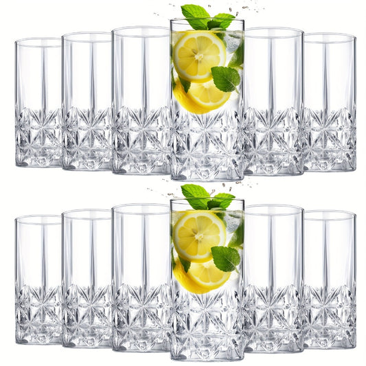 Highball Glasses Set of 12 - 12oz Crystal Clear Vintage Textured Tall Drinking Glasses, Dishwasher Safe Designer Glassware for Cocktail, Tea, Water, Beer & Soda