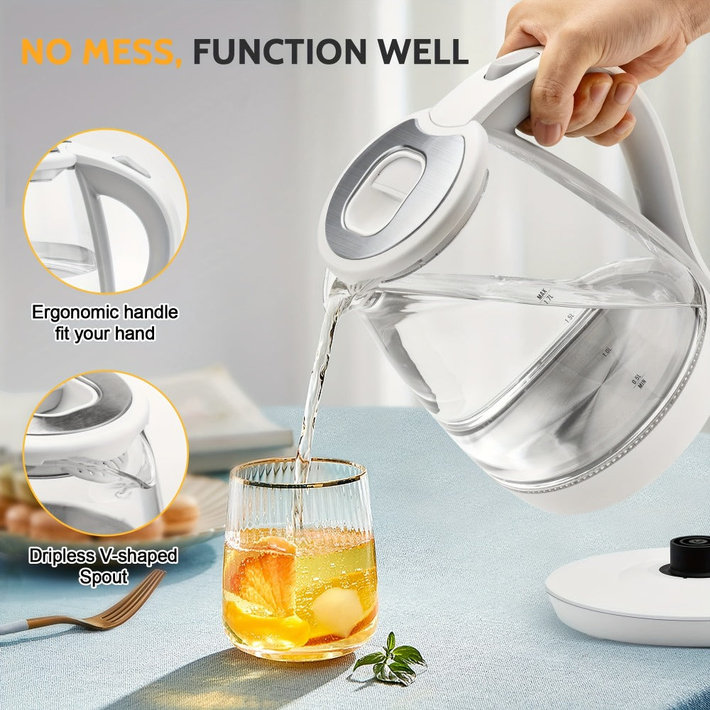 Glass Electric Kettle 1200W Borosilicate with Blue LED Glow - 57.48oz 1.7L Fast Boil BPA-Free Auto Shut-Off Boil-Dry Protection, Transparent Electric Tea Kettle for Home Office RV Camping Kitchen Gift