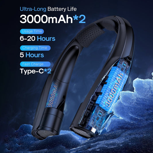 Neck Fan Wearable Bladeless Neckband Fan 3000mAh Dual Battery 6 to 20 Hours Battery Life Dual Wind Speeds Super Quiet Brushless Motor USB Charging Soft Silicone Strap for Work Travel Sports Outdoor