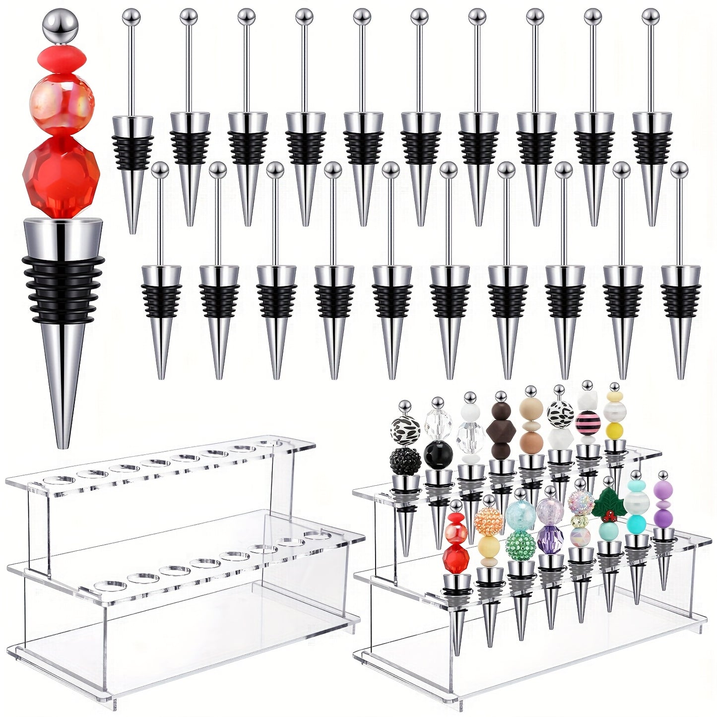 Beadable Wine Bottle Stoppers Set of 20 with 16-Slot Clear Acrylic 2-Tier Display Stand Rack - DIY Customizable Wine Stoppers Holder for Countertop, Wine Bar Decor, Gifts for Wine Lovers