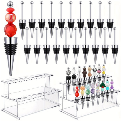 Beadable Wine Bottle Stoppers Set of 20 with 16-Slot Clear Acrylic 2-Tier Display Stand Rack - DIY Customizable Wine Stoppers Holder for Countertop, Wine Bar Decor, Gifts for Wine Lovers