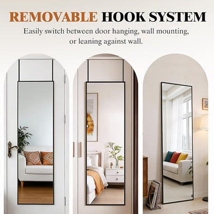 Full Length Mirror 47x14 – Over the Door or Wall Mounted Hanging Mirror, Aluminum Alloy Frame, Full Body Dressing Mirror for Bedroom, Living Room & Entryway, Arched & Rectangular, Black & Gold