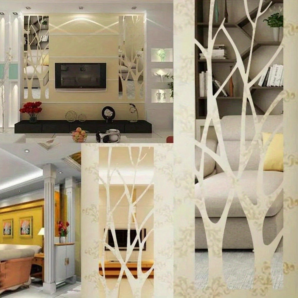 3D Mirror Tree Acrylic Wall Sticker – Removable Reflective Wall Decal for Living Room, Bedroom, TV Wall & Sofa Area | Glossy Silver Mirror Finish Wall Art Decor | 1000x280mm
