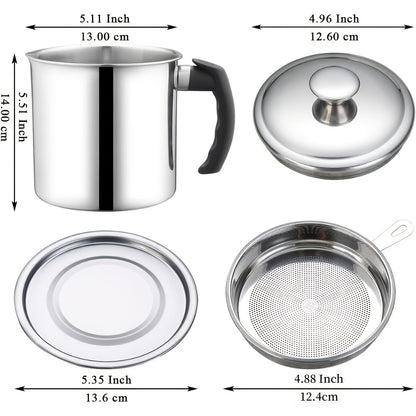 Grease Container with Strainer Stainless Steel BPA Free - Kitchen Bacon Fat Storage Can with Easy Pour Handle for Cooking Oils and Fats, Essential Kitchen Accessory