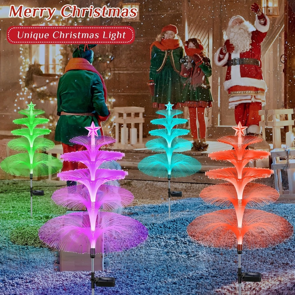 Solar Christmas Tree Lights Fiber Optic Star, 7-Color LED IP65 Waterproof Garden Stake Lights — 2 or 5 Layer Star for Lawn, Pathway, Patio & Holiday Decor | 2, 4 or 6 Pack