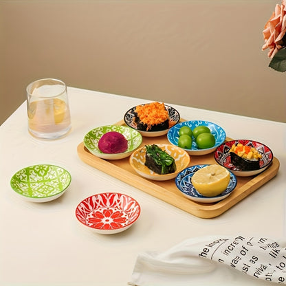 Ceramic Condiment Dish Set of 10 – Bohemian Small Saucer Dipping Bowls for Soy Sauce, Vinegar & Spices | Kitchen, Restaurant, Party, BBQ & Picnic Use | Machine Washable