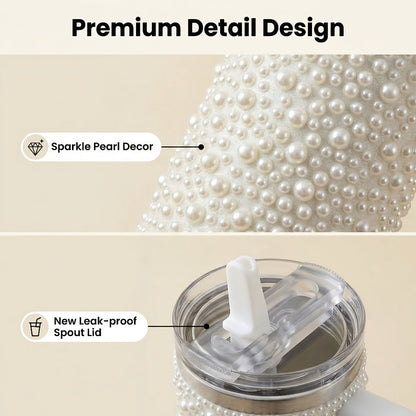 40oz Rhinestone Tumbler with Handle and Straw – Stainless Steel Double Wall Insulated Cup | Pearl Glitter Travel Mug for Sublimation Outdoor Sports Camping Holiday Gift