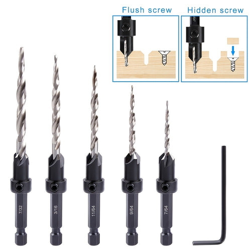 5pcs Countersink Drill Bit Set #4 #6 #8 #10 #12 Tapered with 1/4" Hex Shank Quick-Change – Adjustable Wood Counter Sinker Bits with Allen Wrench for Woodworking